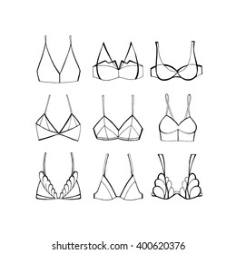 Vector Fashion Different types icons of bras and pants- Illustration silhouette