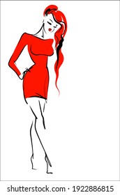 
VECTOR  fashion digital Background with a
stylish  original hand-drawn sketch graphics with beautiful young girl model in dress  for fashion design logo 
