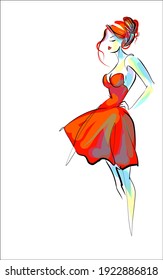 
VECTOR  fashion digital Background with a
stylish  original hand-drawn sketch graphics with beautiful young girl model in dress  for fashion design logo 
