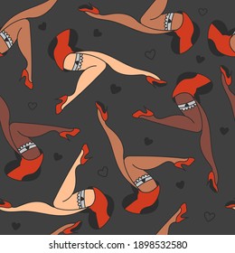 Vector fashion doodle pattern. Hand drawing texture with cartoon retro girls and hearts.