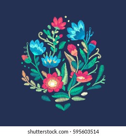 Vector fashion embroidery design for prints. Colorful stitched flowers and leafs. Embroidered floral pattern.