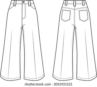 Vector Fashion Flat CAD illustration Wide Leg jeans pants mockup template