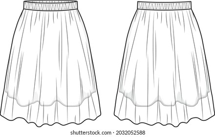 Vector Fashion Flat CAD illustration Tulle Skirt mockup template