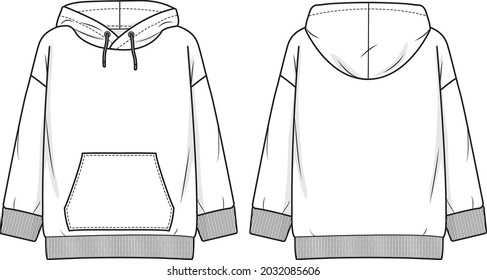 Vector Fashion Flat CAD illustration Hoodie Sweater Jumper mockup template
