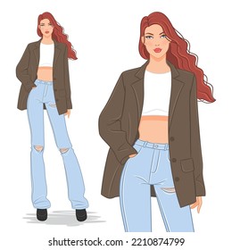 Dibujo de moda vectorial plano de una hermosa, joven, mujer con una chaqueta de gran tamaño y pantalones vaqueros. Modelo de moda posando, aislado de fondo blanco.