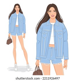 Dibujo vectorial plano de una mujer hermosa, joven y sonriente con una chaqueta y pantalones de denim de tamaño excesivo. Modelo de moda posando, aislado de fondo blanco.