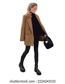 Vector fashion flat illustration of a beautiful, young, woman Fashion model posing, isolated on white background.