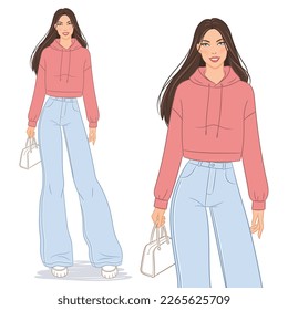 Dibujo vectorial plano de una mujer hermosa, joven y sonriente que usa jeans de gran tamaño y capucha rosa. Modelo de moda posando, aislado sobre fondo blanco