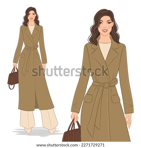 Vector fashion flat illustration of a beautiful, young, smiling woman in a stylish coat.  Fashion model posing, isolated on white background.