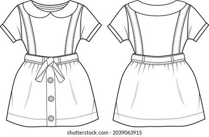 Vector Fashion Flat illustration kids collared shirt dungaree overalls jumper dress skirt outfit mockup template CAD
