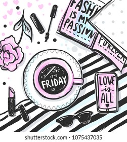 Vector Fashion flat lay illustration for girs, social media, blogs. Background top view. Hello Friday! Morning coffee, lipstick, mascara, phone, glasses, accessories. Black & pink colors. Trendy style