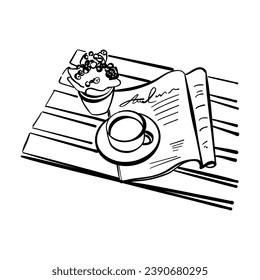 Vector Fashion flat lay illustration for girs, social media, blogs. Background top view. Hello Friday! Morning coffee, magazine, flower pot. Black and white colors. Doodle sketch
