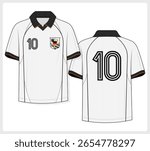 Vector fashion flat of retro polo shirt with ribbed collar, short sleeves, striped trims, front and back view, chest number and shield graphic. Clean technical sportswear design
