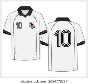 Vector fashion flat of retro polo shirt with ribbed collar, short sleeves, striped trims, front and back view, chest number and shield graphic. Clean technical sportswear design