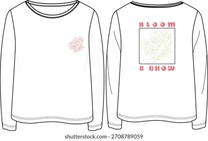 Vector de la moda de boceto plano frente y parte posterior de la camisa blanca de manga larga con flor y crecer Motivational Botanical Graphic