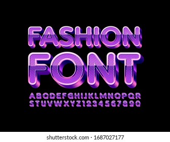 Vector Fashion Font, Violet textured Alphabet. Purple 3D Letters and Numbers set