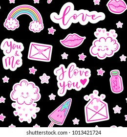 Vector fashion fun patches seamless pattern: I love you, rainbow, cloud, letter, hearts, candy, heart. Pop art pink stickers for wedding, Valentine's Day, love prints background