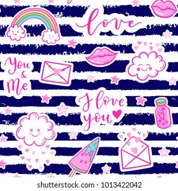 Vector fashion fun patches seamless pattern: I love you, rainbow, cloud, letter, hearts, candy, heart. Pop art pink stickers for wedding, Valentine's Day, love prints background