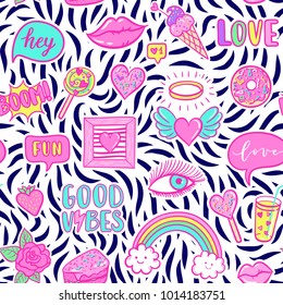 Vector fashion fun patches seamless pattern: rainbow, cloud, doughnut, lip, Good vibes, strawberry, cake, candy, heart. Pop art pink stickers for wedding, Valentine's Day, love prints background