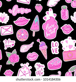 Vector fashion fun patches seamless pattern: I love you, smile, wings, ice cream, camera, sweets, lip, candy, heart. Pop art pink stickers for wedding, Valentine's Day, love prints background