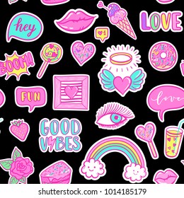 Vector fashion fun patches seamless pattern: rainbow, cloud, doughnut, lip, Good vibes, strawberry, cake, candy, heart. Pop art pink stickers for wedding, Valentine's Day, love prints background