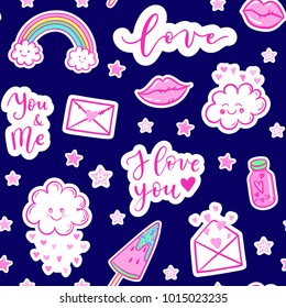 Vector fashion fun patches seamless pattern: I love you, rainbow, cloud, letter, hearts, candy, heart. Pop art pink stickers for wedding, Valentine's Day, love prints background