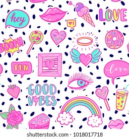 Vector fashion fun patches seamless pattern: rainbow, cloud, doughnut, lip, Good vibes, strawberry, cake, candy, heart. Pop art pink stickers for wedding, Valentine's Day, love prints background