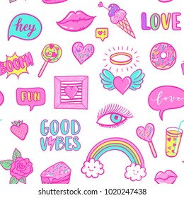 Vector fashion fun patches seamless pattern: rainbow, cloud, doughnut, lip, Good vibes, strawberry, cake, candy, heart. Pop art pink stickers for wedding, Valentine's Day, love prints background