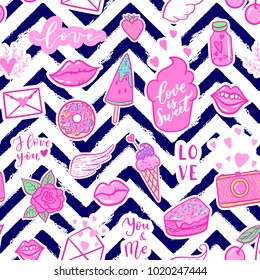 Vector fashion fun patches seamless pattern: I love you, smile, wings, ice cream, camera, sweets, lip, candy, heart. Pop art pink stickers for wedding, Valentine's Day, love prints background