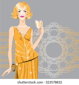 Vector fashion girl in beautiful 20's style evening dress with glass of wine.