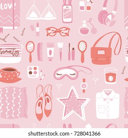 Vector fashion girl clothing and accessories isolated shopping items and beautiful cosmetic or makeup seamless pattern background