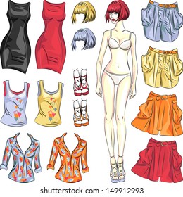 Vector fashion girl: Cute dress up paper doll. Body template and outfit in different color combinations.