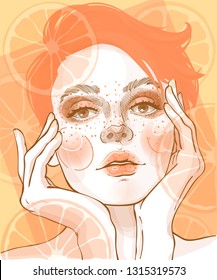 vector of a fashion girl holding her face with her hands, she has red orange hair