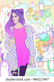 vector fashion girl with pink hair in a warm jacket on a background of ice cream , winter and penguins