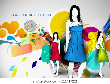 Vector fashion girls in sketch-style with abstract background.