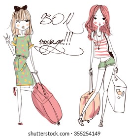 Vector fashion girls with suitcases