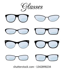 Vector fashion glasses of set isolated on white. Glasses for eyesight, eyeglasses lens illustration