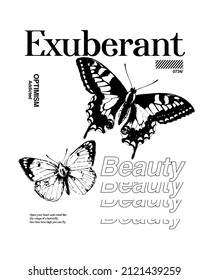 vector fashion graphic with abstract butterflies, quotes, poster style, black-white