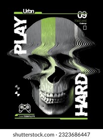 vector fashion graphic artwork of a distorted halftone skull, cyber punk style, glitch gaming 