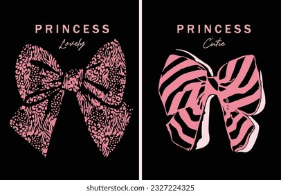 vector fashion graphic with bow in animal print, zebra, leopard, tiger pattern mix, pink elements, Royal mood