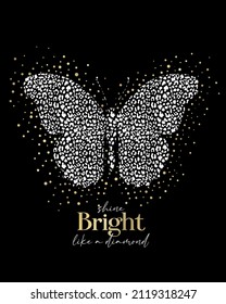 vector fashion graphic of a butterfly filled with leopard pattern, gold foil effect elements, quote, luxury romantic vibe