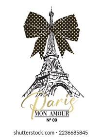 vector fashion graphic of the Eiffel tower in Paris, hand-drawn with bow tie and golden elements, french haute couture style