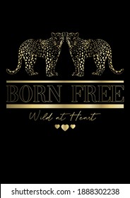 vector fashion graphic with handdrawn leopard and wordings in gold foil, luxury animal print