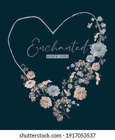 vector fashion graphic of heart shape with lovely spring flowers, hand-drawn, romantic design