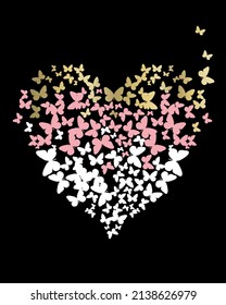 vector fashion graphic of a heart shape filled with butterflies, gold foil details, romantic lovely spirit