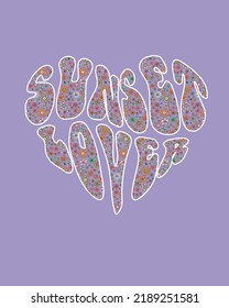 vector fashion graphic in hippie style, wording distorted to heart shape, boho chic, millefleurs pattern