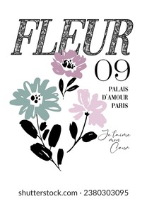 vector fashion graphic of painted flowers with quote, vintage style, handwritten french wording, lace filled lettering 