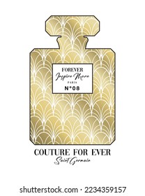 vector fashion graphic of a perfume bottle filled with art nouveau pattern, golden elements and quotes, Paris style