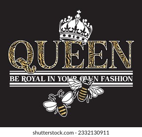 vector fashion graphic with queen bee and crown, filled with zebra pattern, gold foil elements