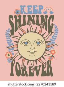 gráfico de moda vectorial de arte hippie retro vintage con sol, flores y frases, estado de ánimo de poder floral de los años 70